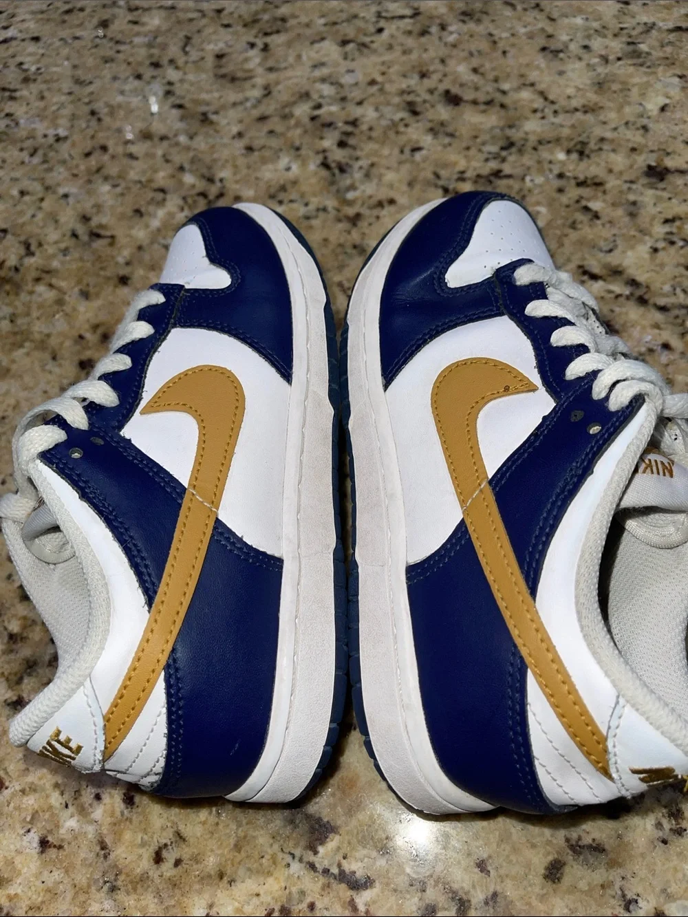 Nike Dunk Low Top Sneakers in White, Navy & Gold